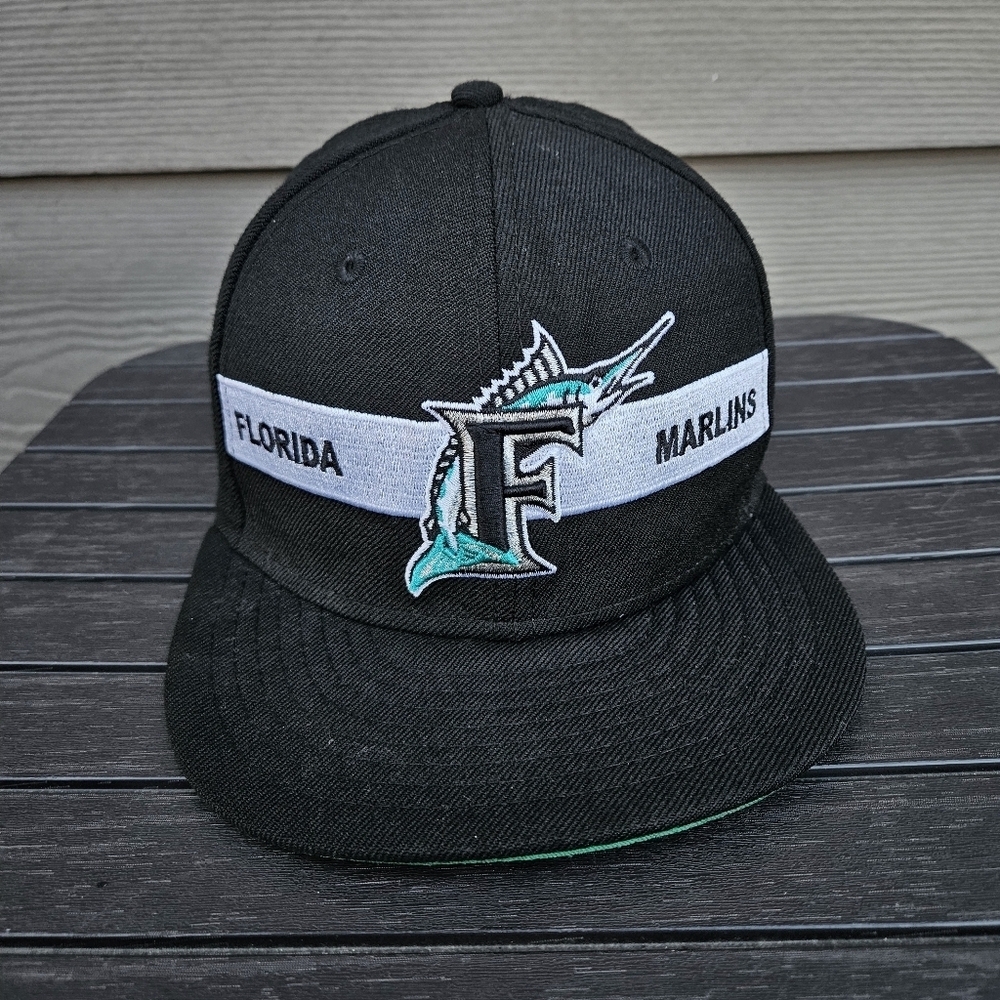 New Era Florida Marlins Hat Snapback Cap Black Green Embroidered 100% Wool VTG